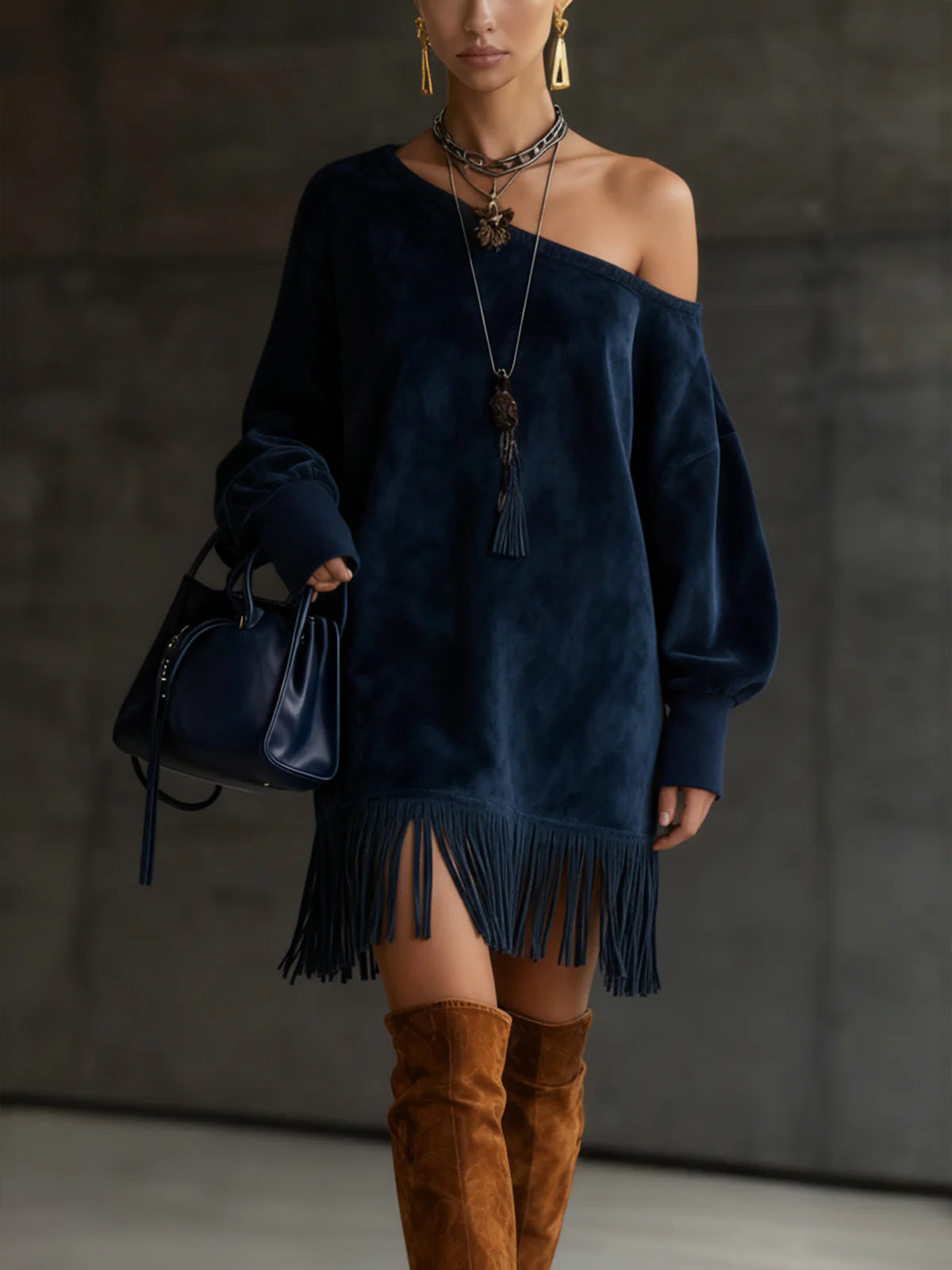 Off-Shoulder Navy Faux Suede Dress With Fringe Hem-thevervian