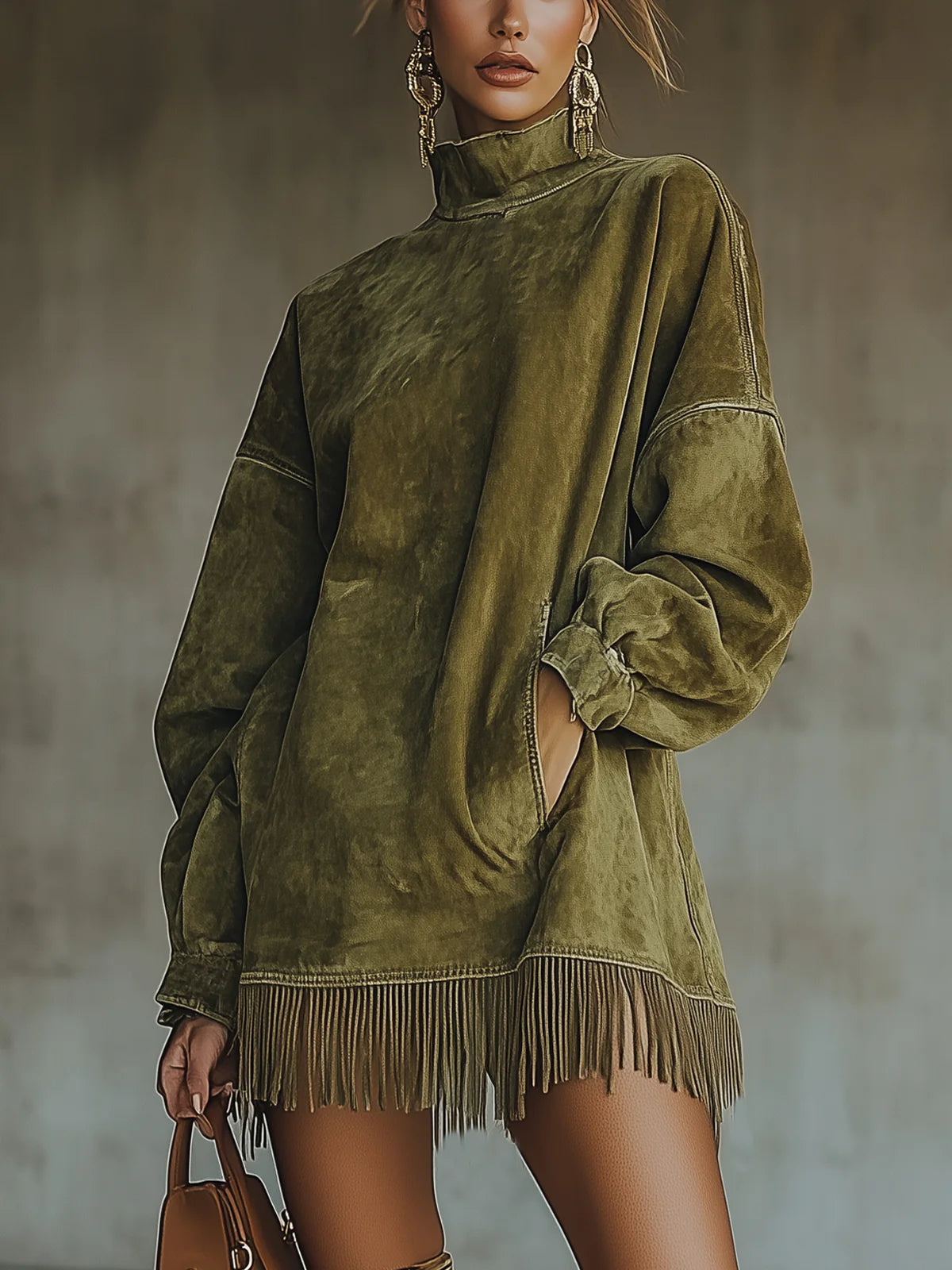 Faux Suede Turtleneck Dress With Fringe Hem-thevervian