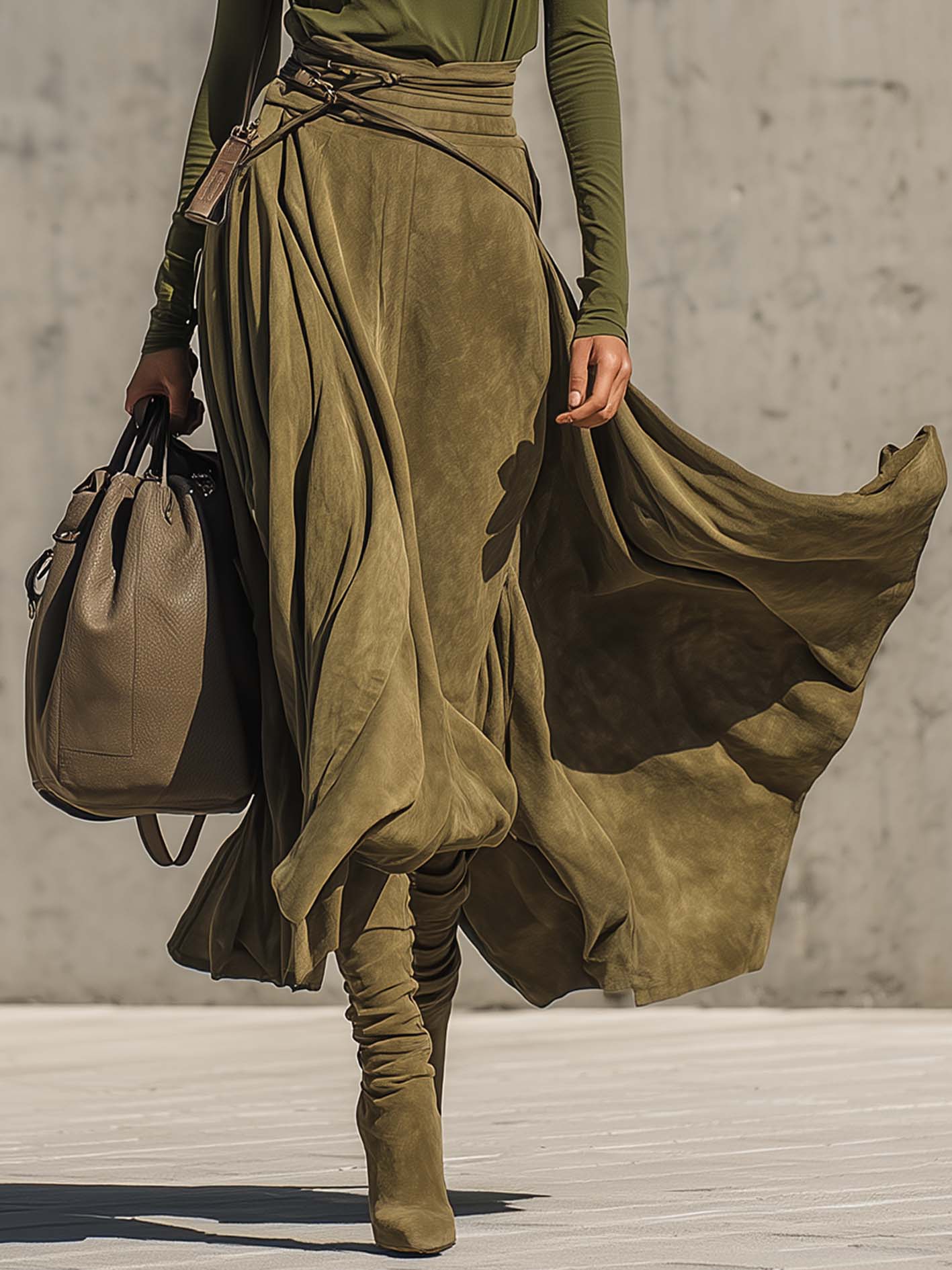 Olive Green Stretch Turtleneck Top And Faux Suede Maxi Skirt Set（Includes belt）-thevervian