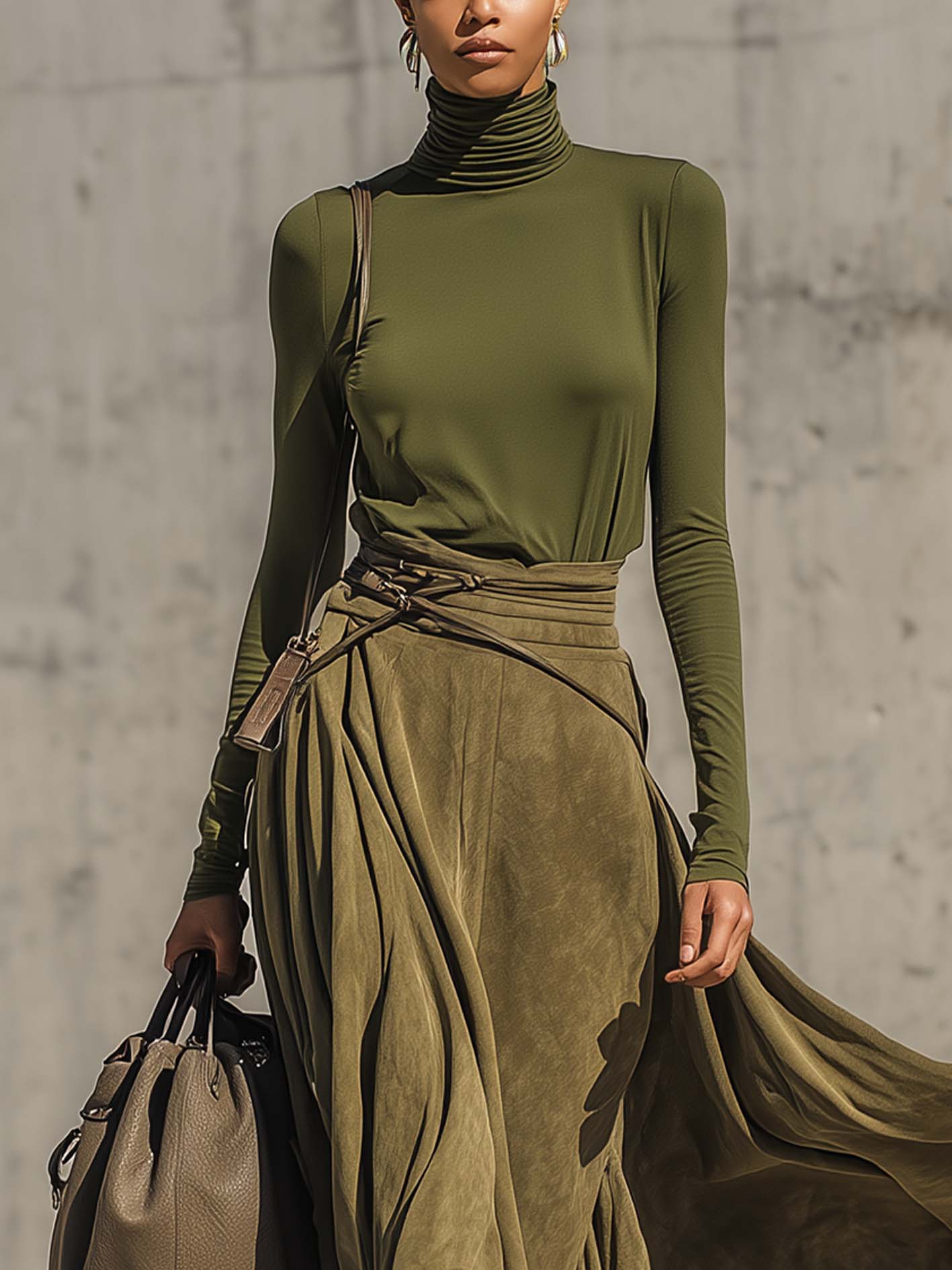 Olive Green Stretch Turtleneck Top And Faux Suede Maxi Skirt Set（Includes belt）-thevervian