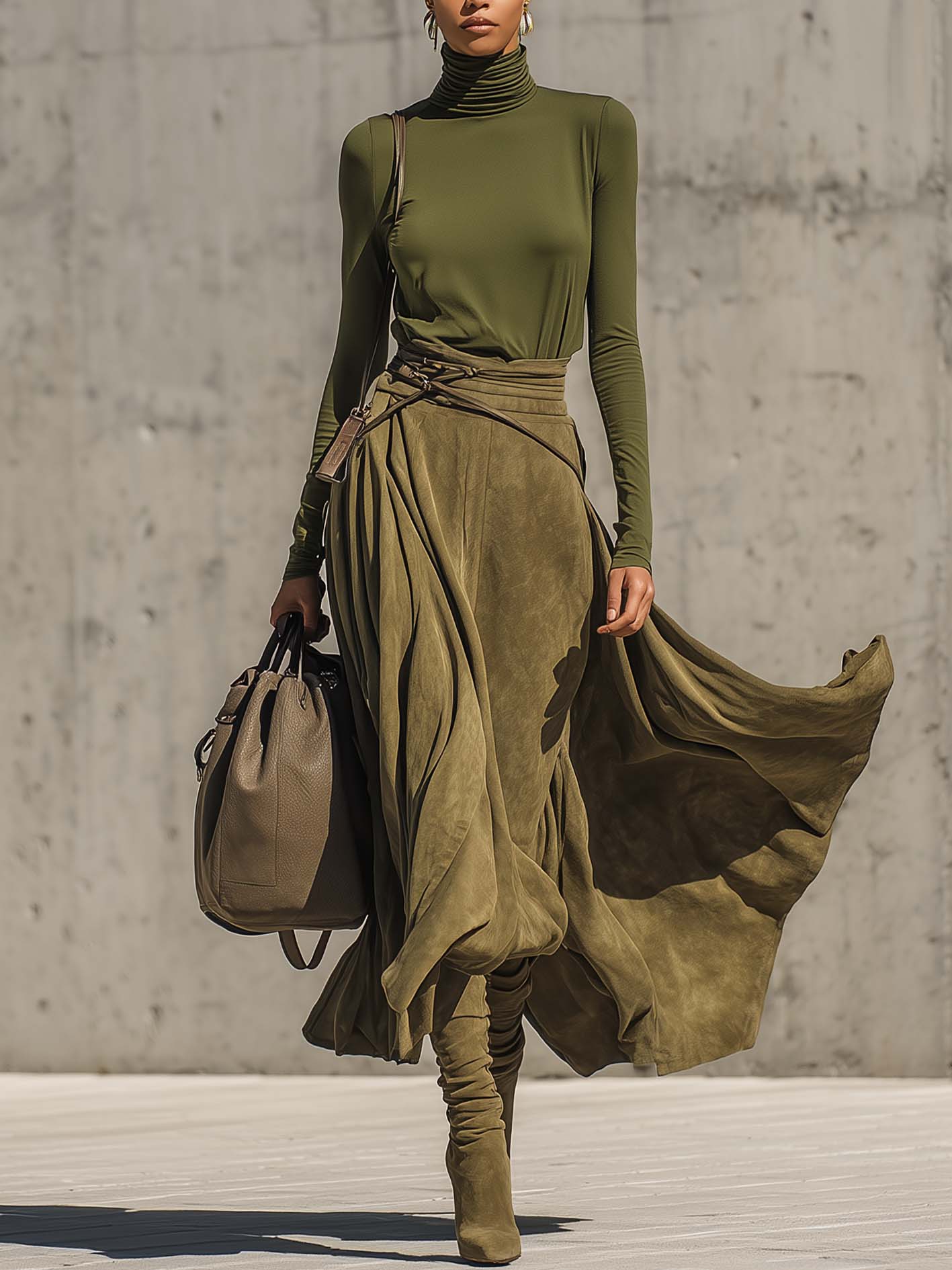 Olive Green Stretch Turtleneck Top And Faux Suede Maxi Skirt Set（Includes belt）-thevervian