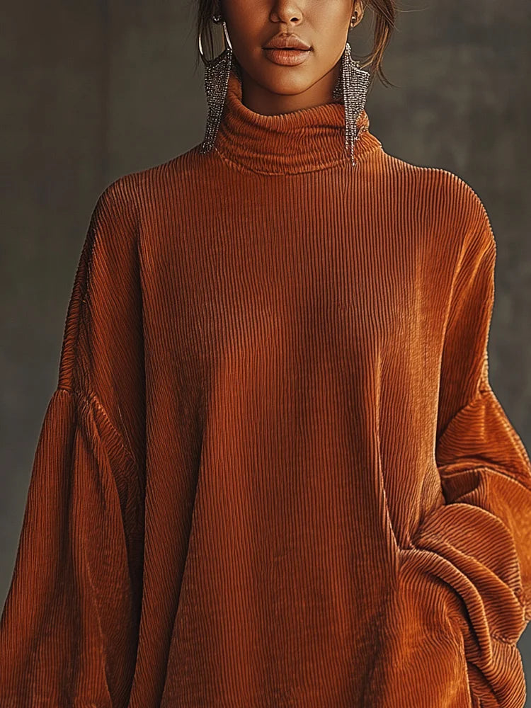 Orange corduroy loose tassel hem high collar dress-thevervian