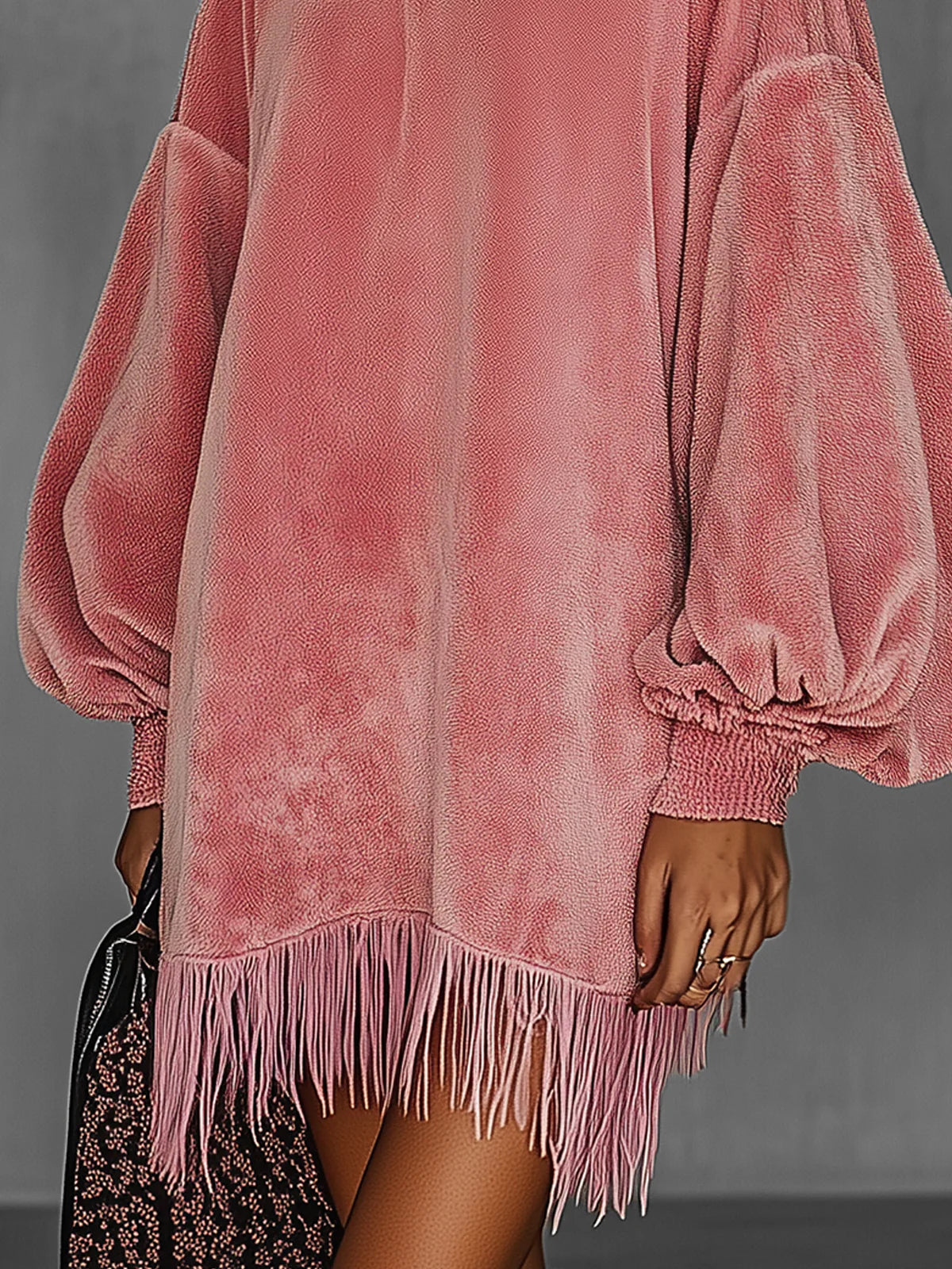 Oversized Pink Fringe Crew Neck Velvet Dress-thevervian