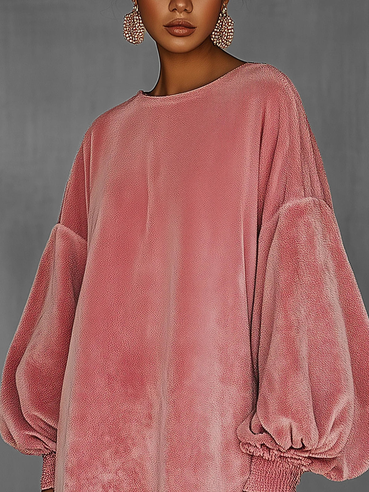 Oversized Pink Fringe Crew Neck Velvet Dress-thevervian