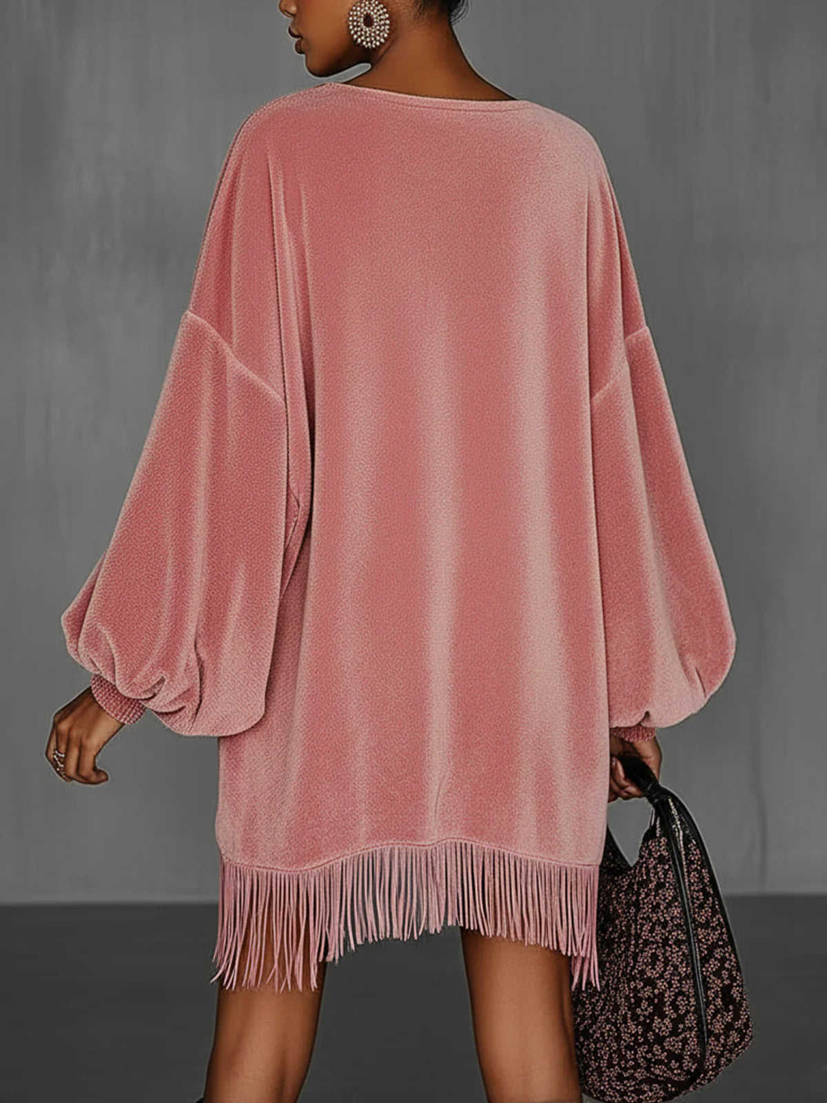 Oversized Pink Fringe Crew Neck Velvet Dress-thevervian
