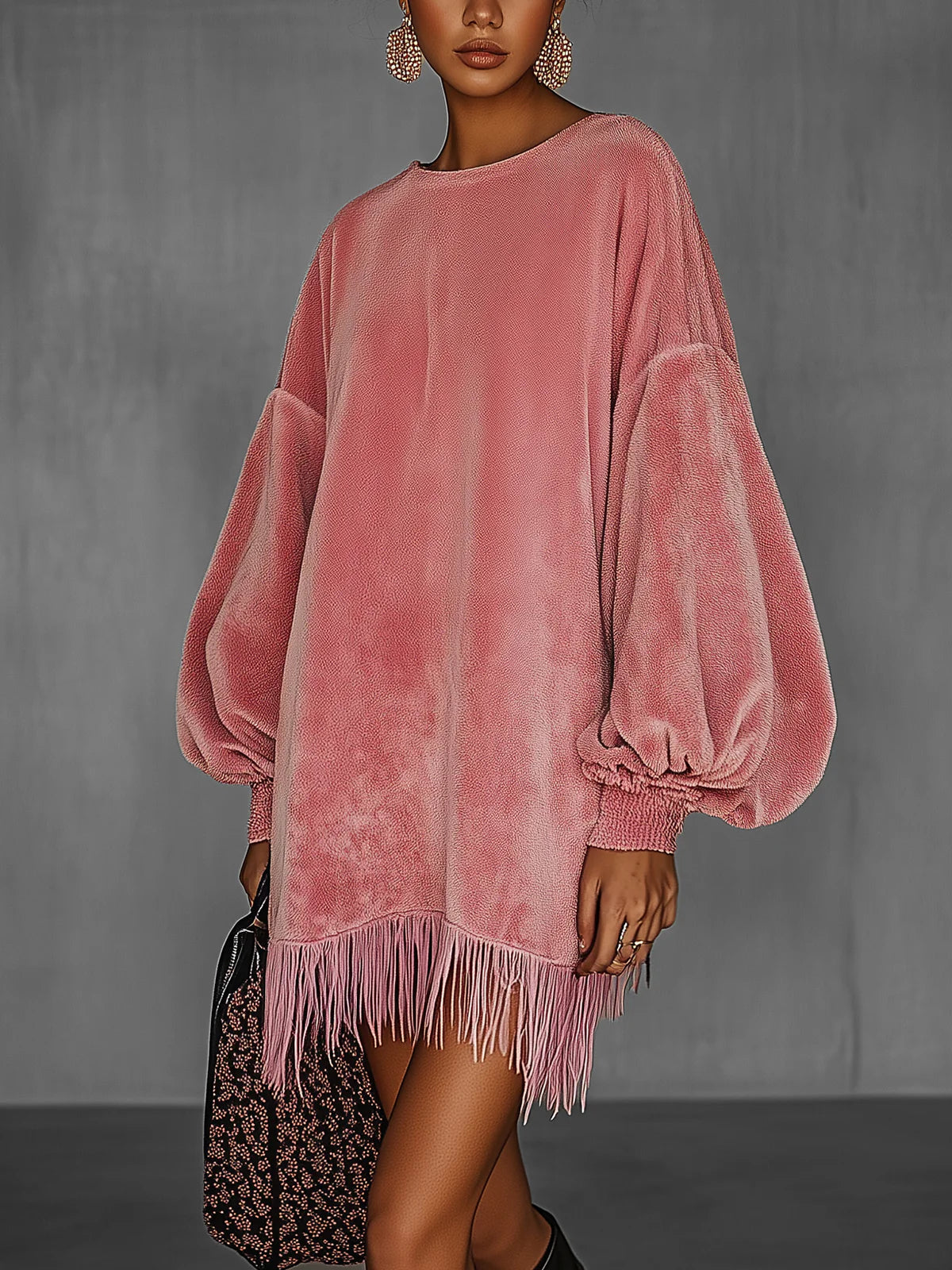 Oversized Pink Fringe Crew Neck Velvet Dress-thevervian