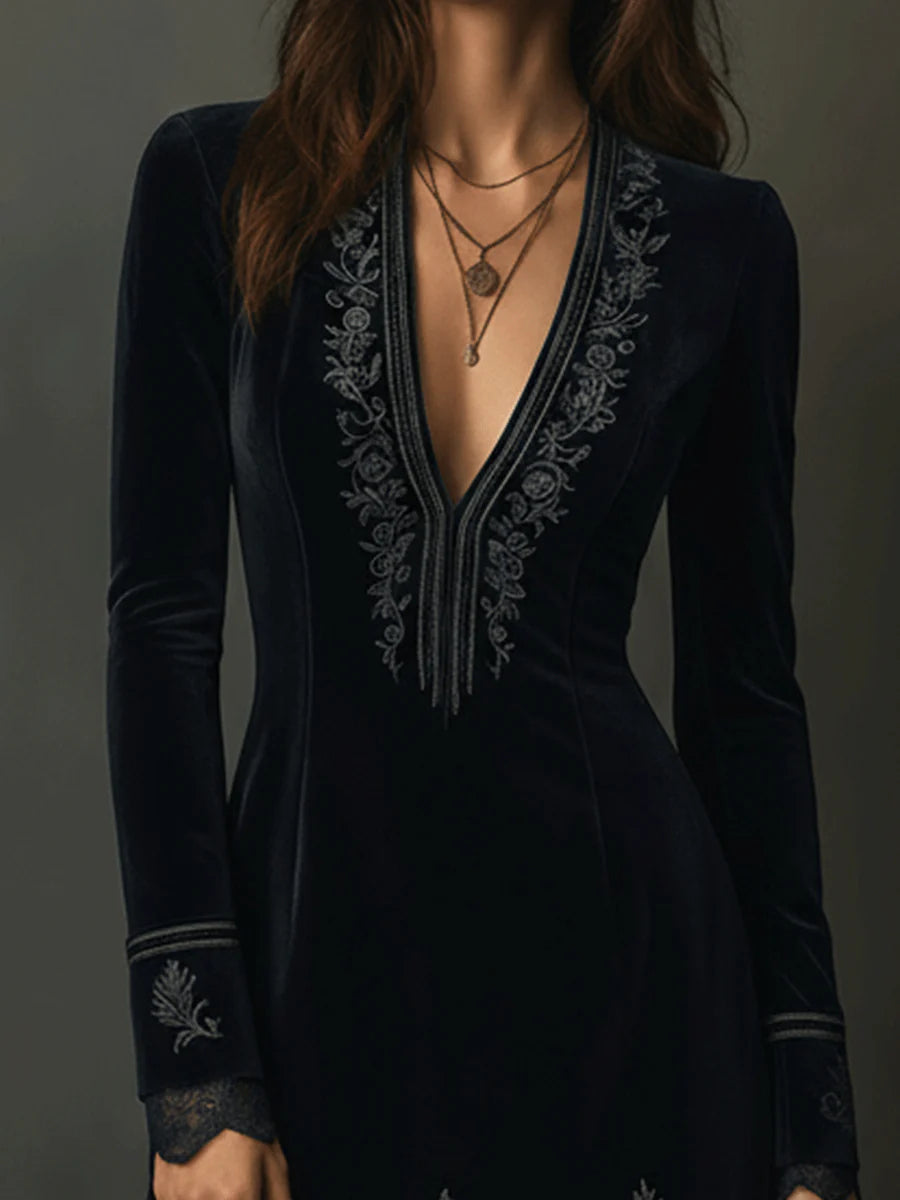 Retro Black Velvet Embroidered Lace Trim Mini Dress-thevervian