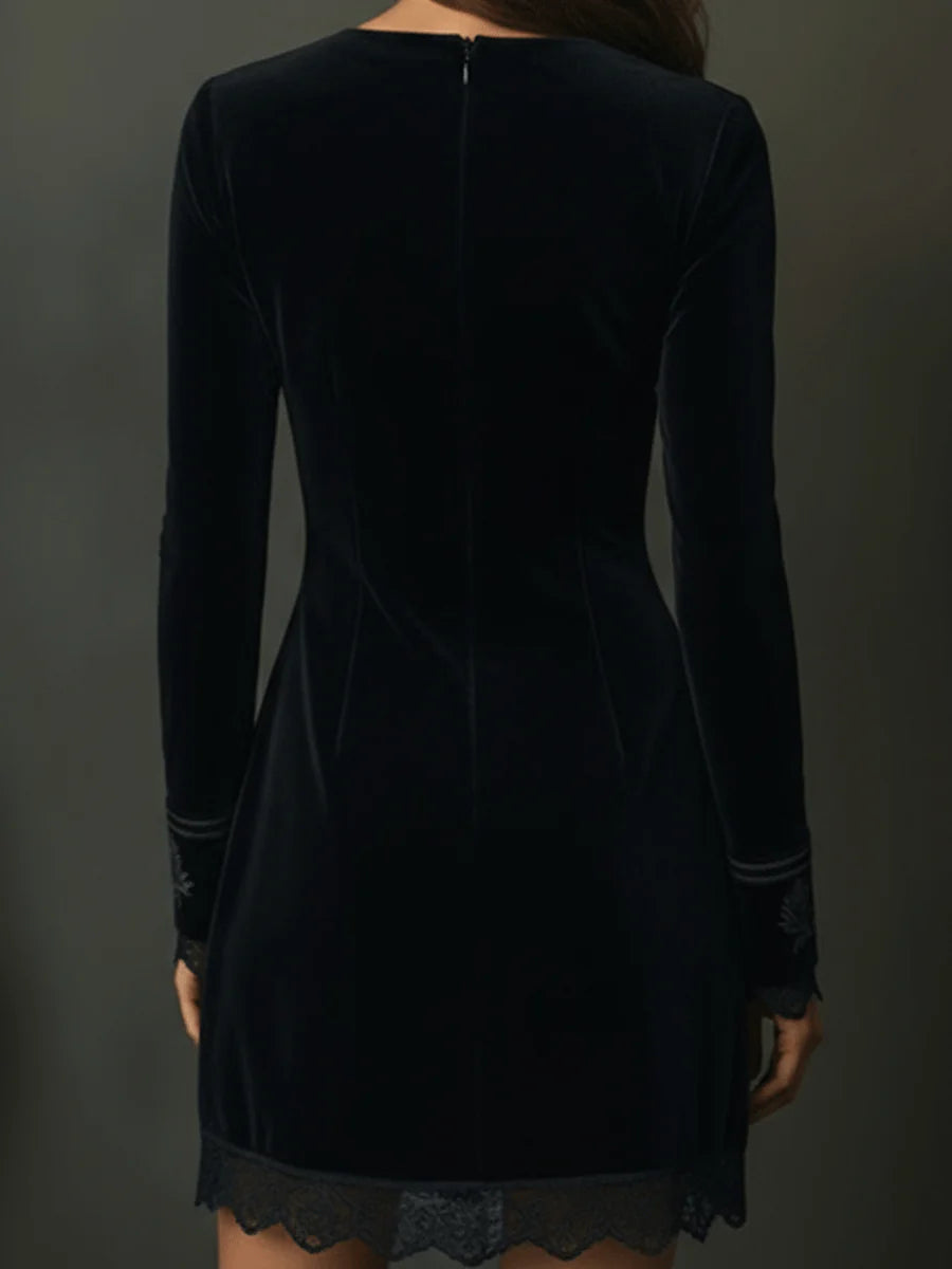 Retro Black Velvet Embroidered Lace Trim Mini Dress-thevervian