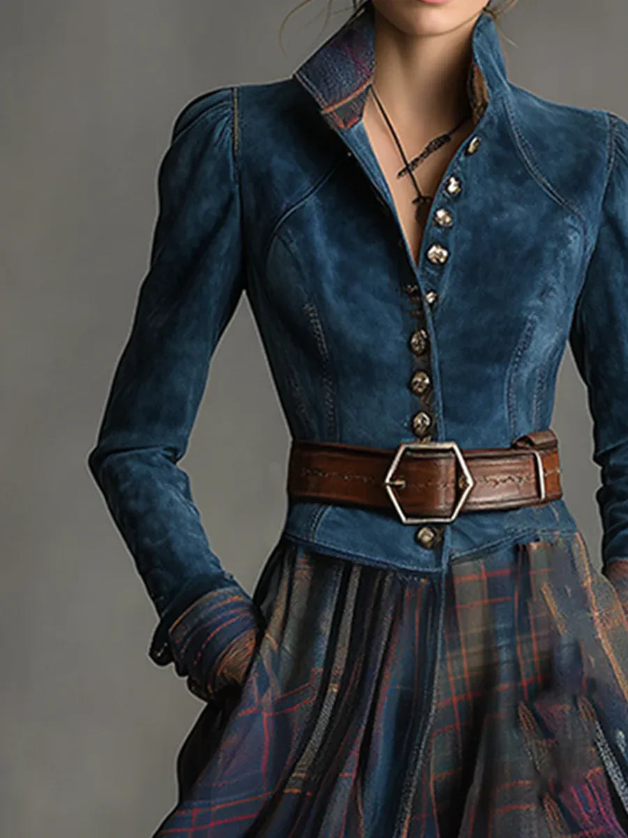 Retro Ethnic Style Blue Faux Suede Plaid Maxi Dress(Includes belt)-thevervian