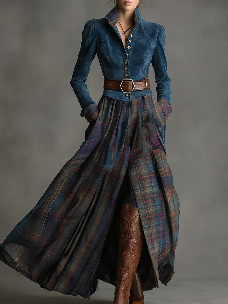 Retro Ethnic Style Blue Faux Suede Plaid Maxi Dress(Includes belt)-thevervian