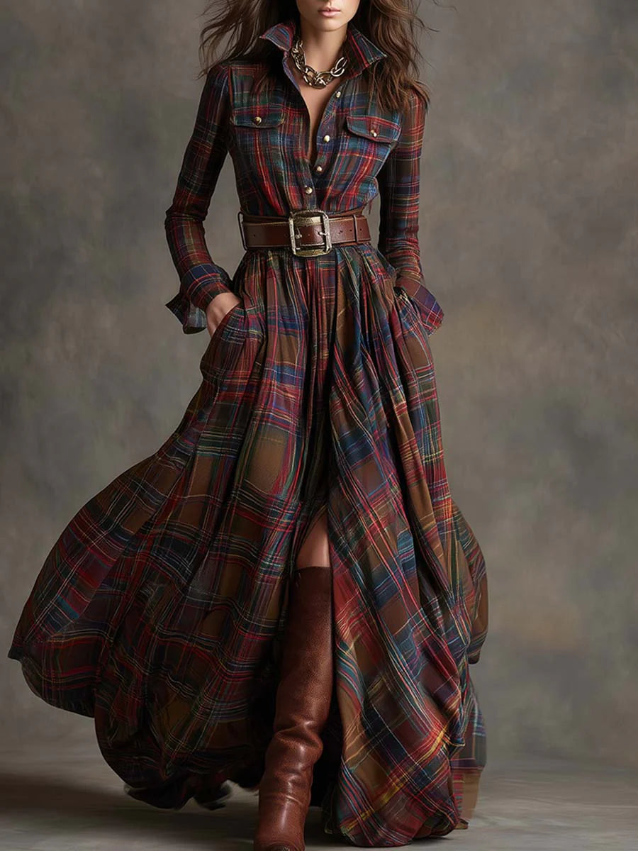 Retro lapel reddish brown plaid maxi dress-thevervian