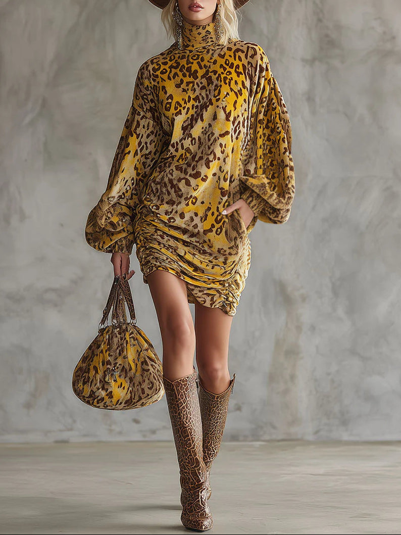 Retro loose-fitting yellow leopard print velvet mini dress-thevervian