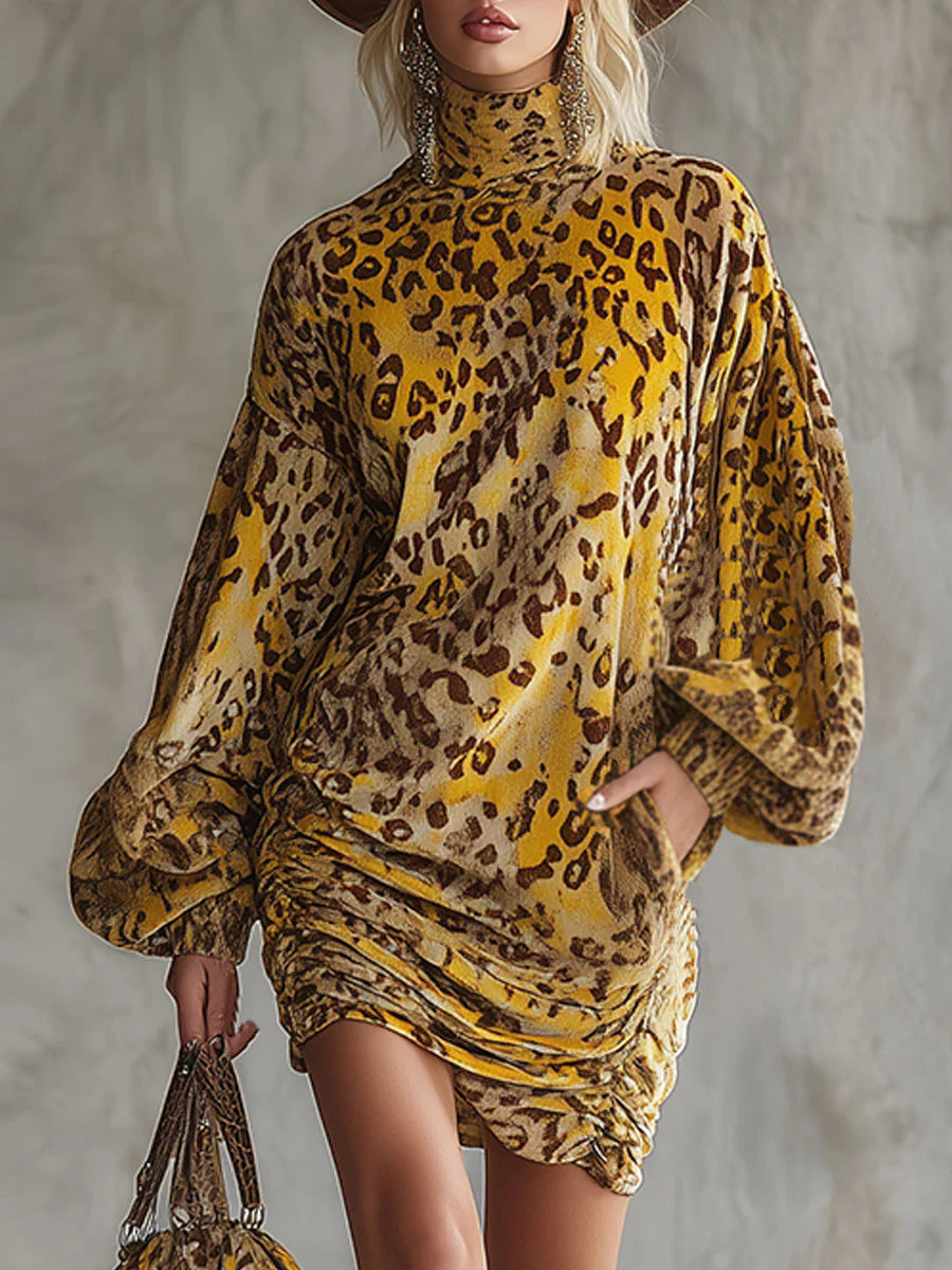 Retro loose-fitting yellow leopard print velvet mini dress-thevervian