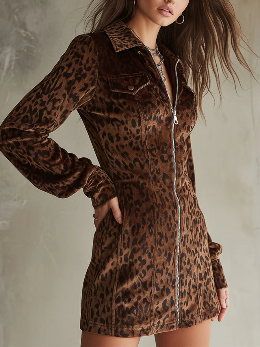Retro Velvet Leopard Print Lantern Sleeve Mini Dress-thevervian