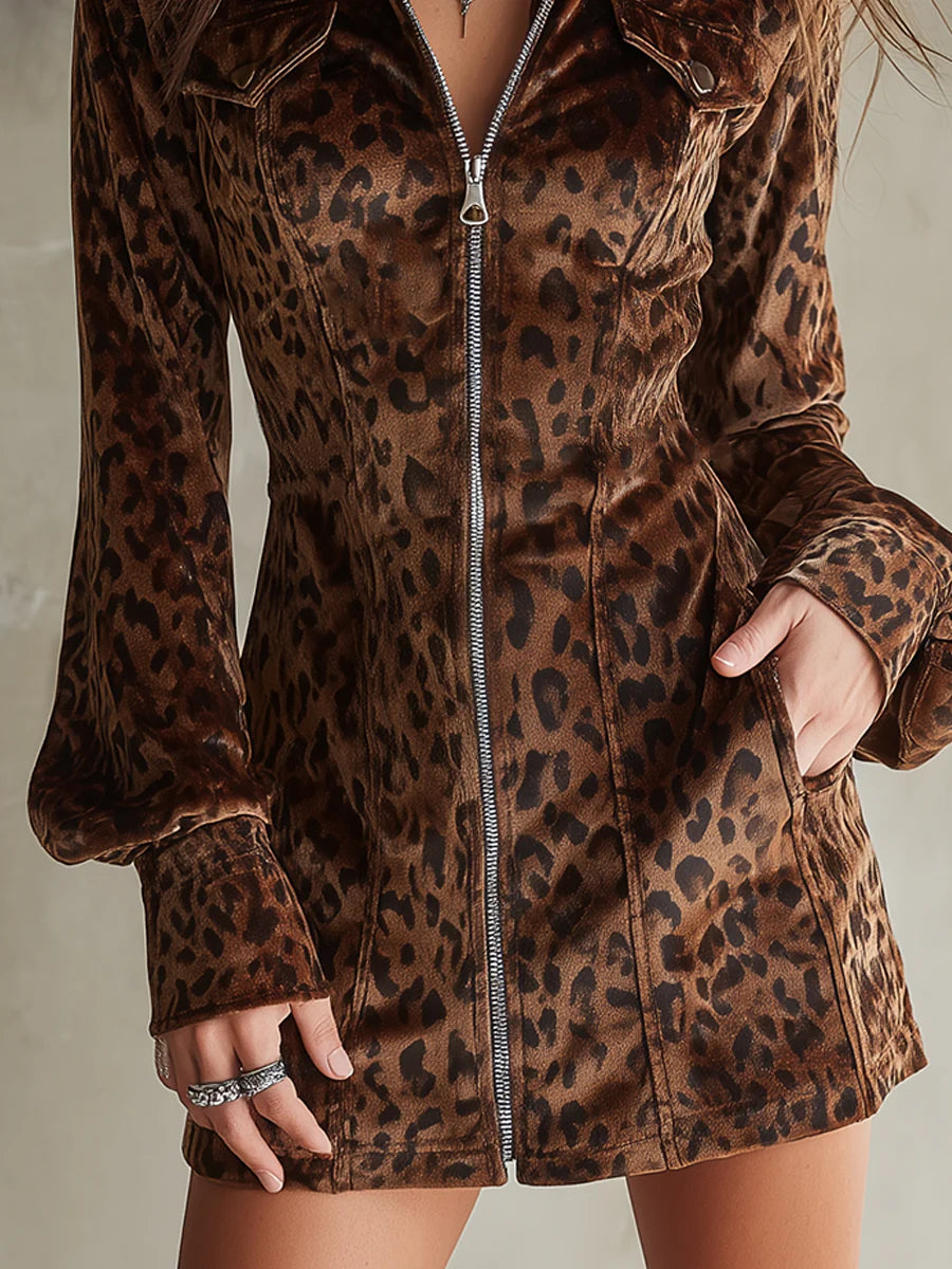Retro Velvet Leopard Print Lantern Sleeve Mini Dress-thevervian