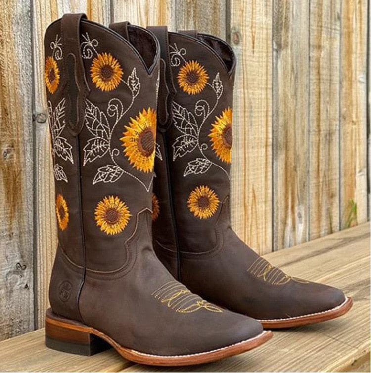Cowboy Sunflower Embroidered Martin Boots-thevervian