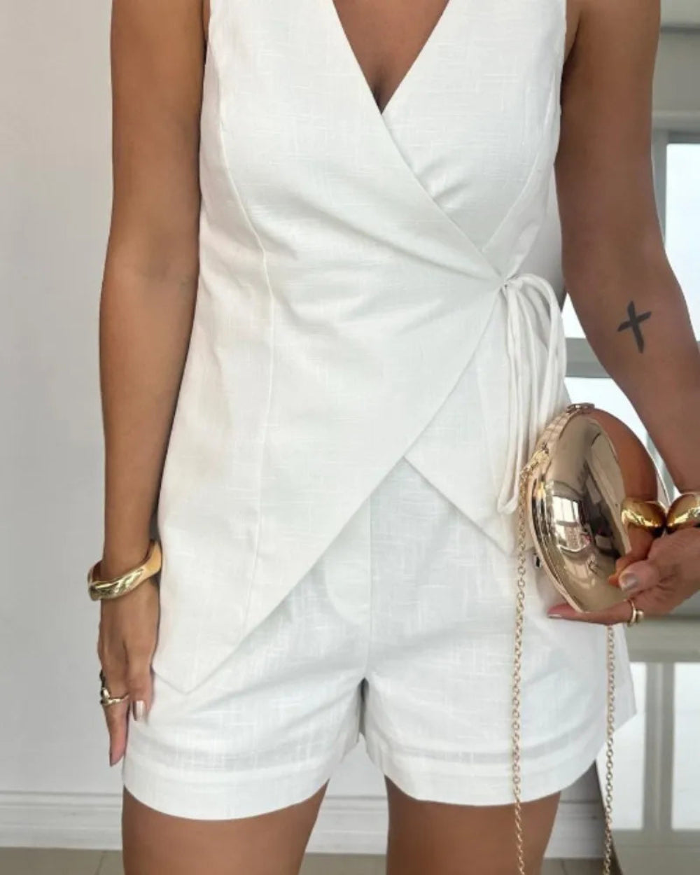 Linen Sleeveless V-neck Top and Loose Shorts Set-thevervian