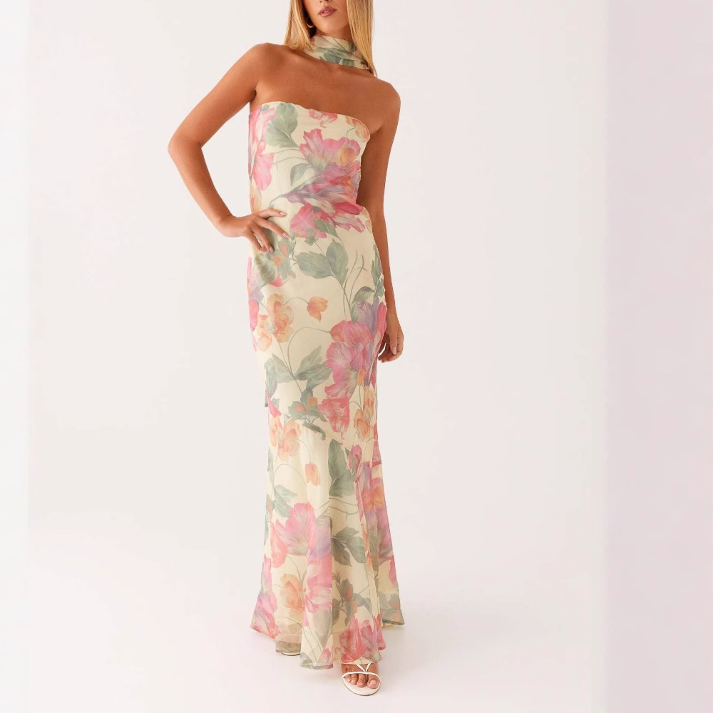 Strapless Floral Chiffon Maxi Dress – Elegant Flow Silhouette