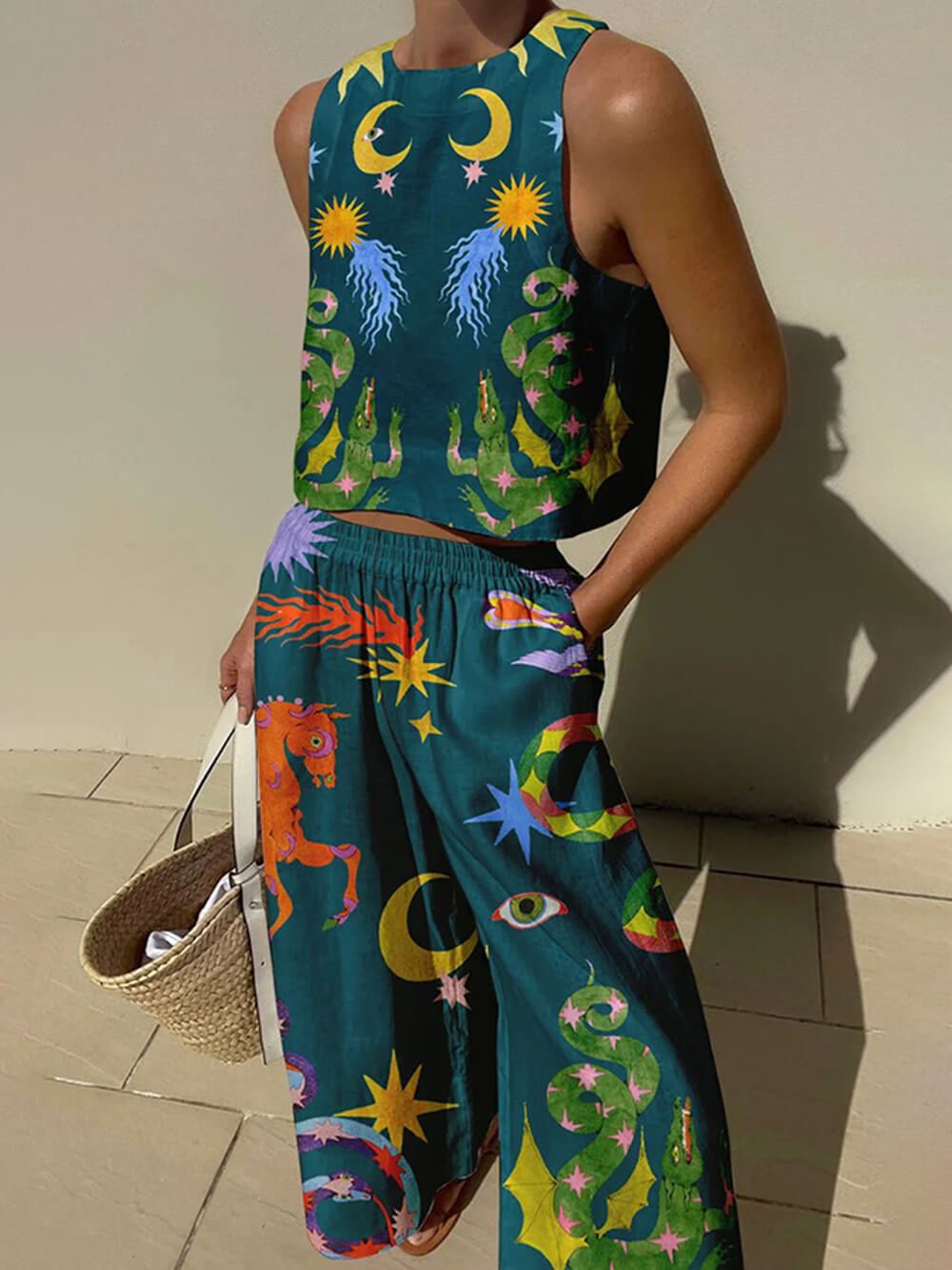 Unique Print Tank And Elastic Waist Pocketed Pants Set-thevervian