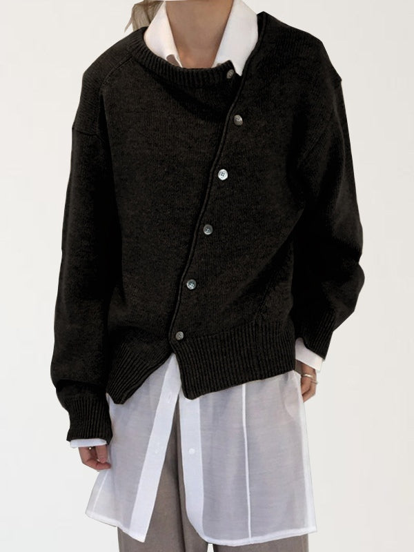 Slanted button irregular design lazy style sweater-thevervian