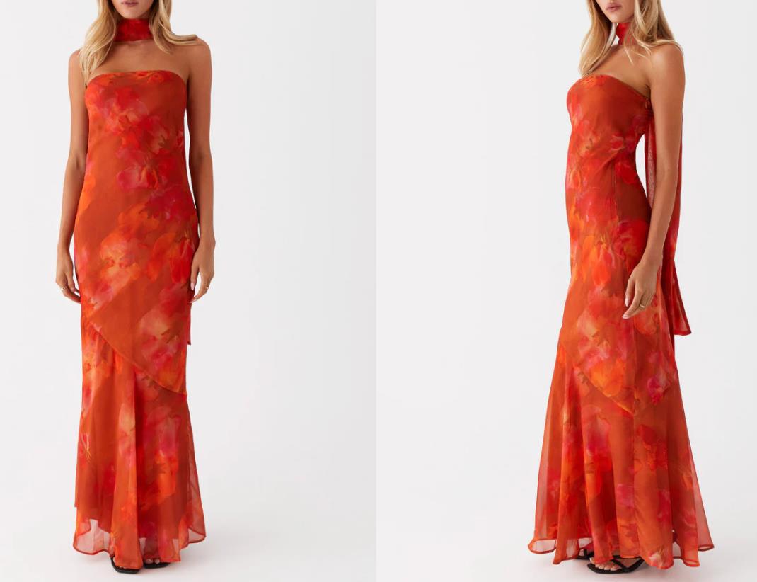 Strapless Floral Chiffon Maxi Dress – Elegant Flow Silhouette