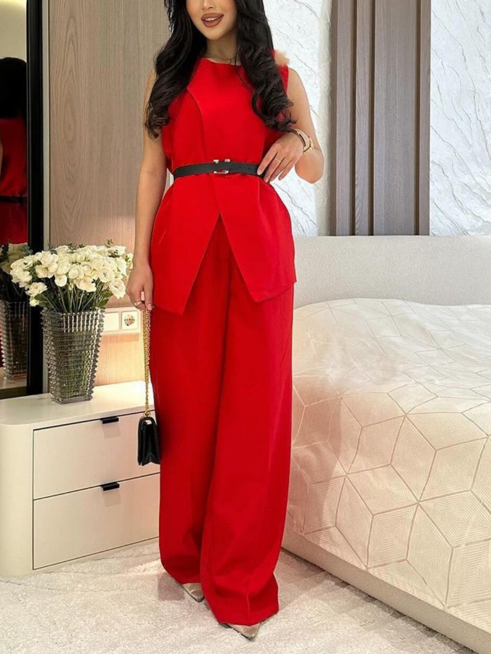 Round neck sleeveless top and wide-leg pants suit-thevervian