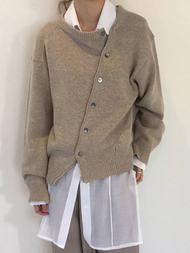 Slanted button irregular design lazy style sweater-thevervian