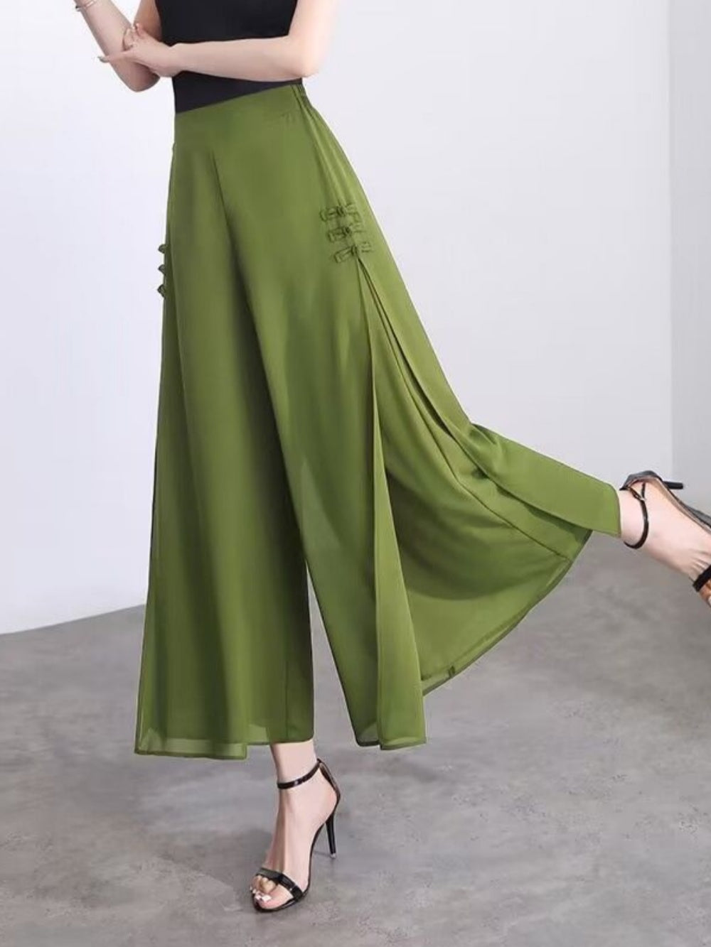 Slit drape chiffon cropped wide-leg pants-thevervian