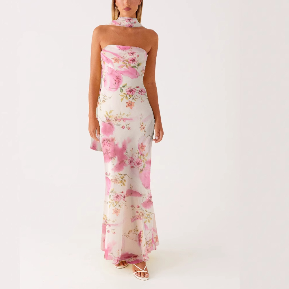 Strapless Floral Chiffon Maxi Dress – Elegant Flow Silhouette