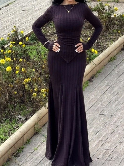 Elegant Textured Stretch Fit Long-Sleeved Dress Set-thevervian