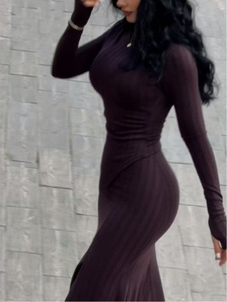 Elegant Textured Stretch Fit Long-Sleeved Dress Set-thevervian