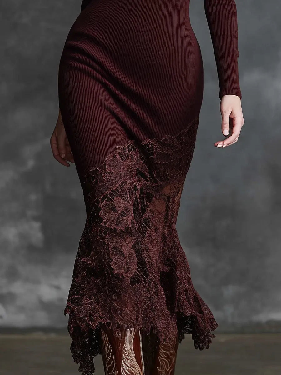 Elegant High-neck Lace Hem Burgundy Maxi Dress-thevervian