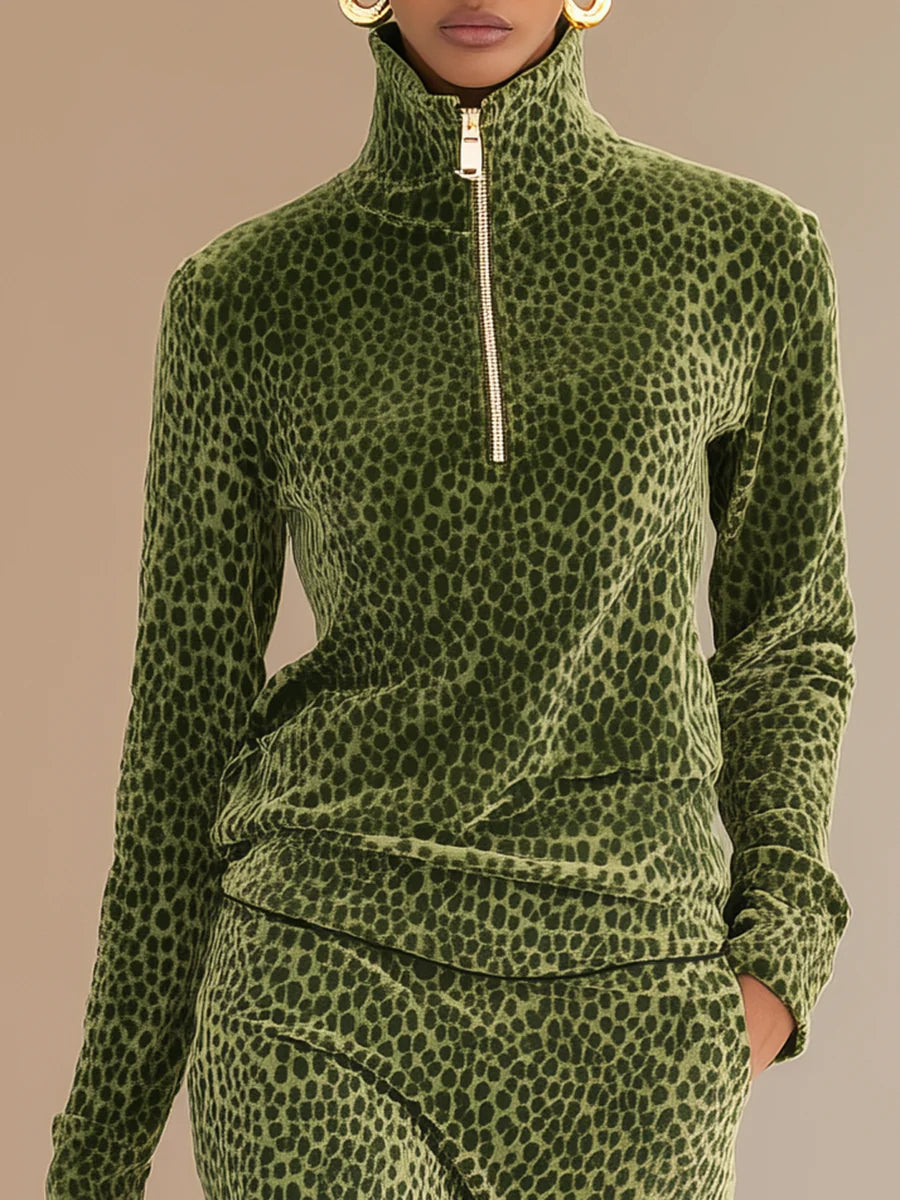 Retro Leopard Print Stand Collar Velvet Top + Skirt Set-thevervian