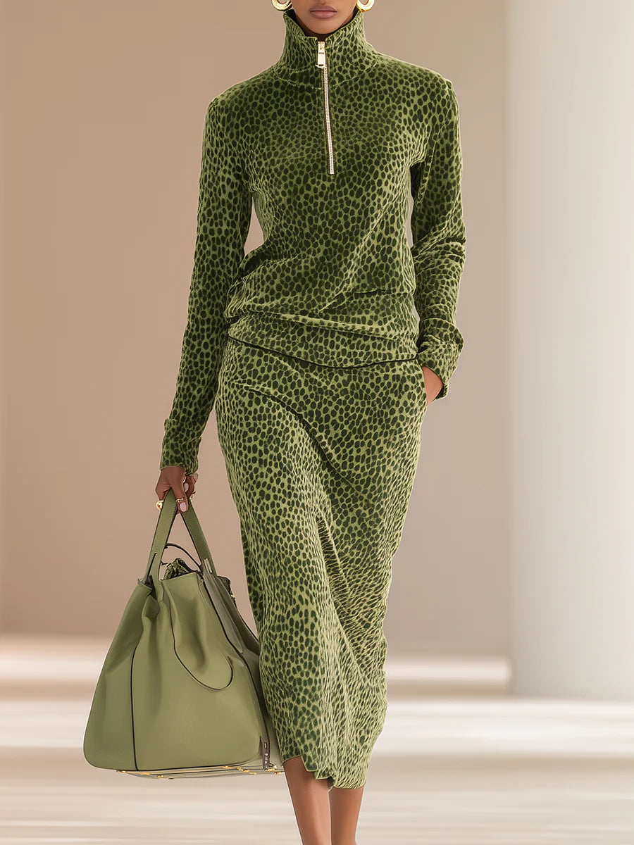 Retro Leopard Print Stand Collar Velvet Top + Skirt Set-thevervian