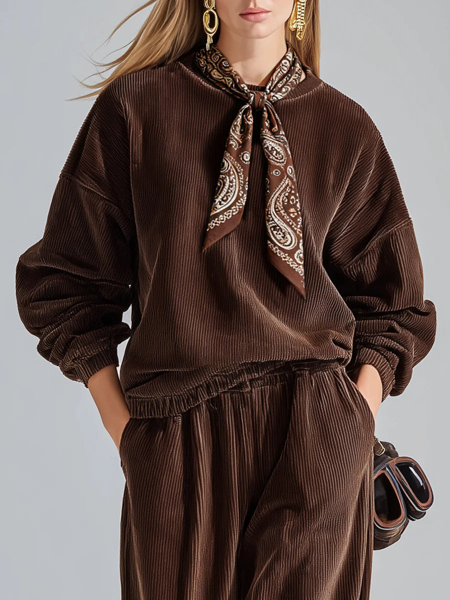 Casual solid color corduroy sweatshirt and wide-leg pants set-thevervian
