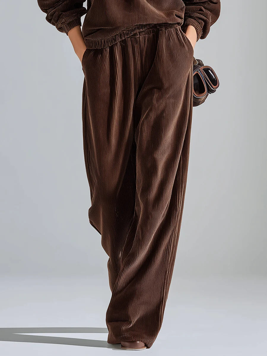 Casual solid color corduroy sweatshirt and wide-leg pants set-thevervian