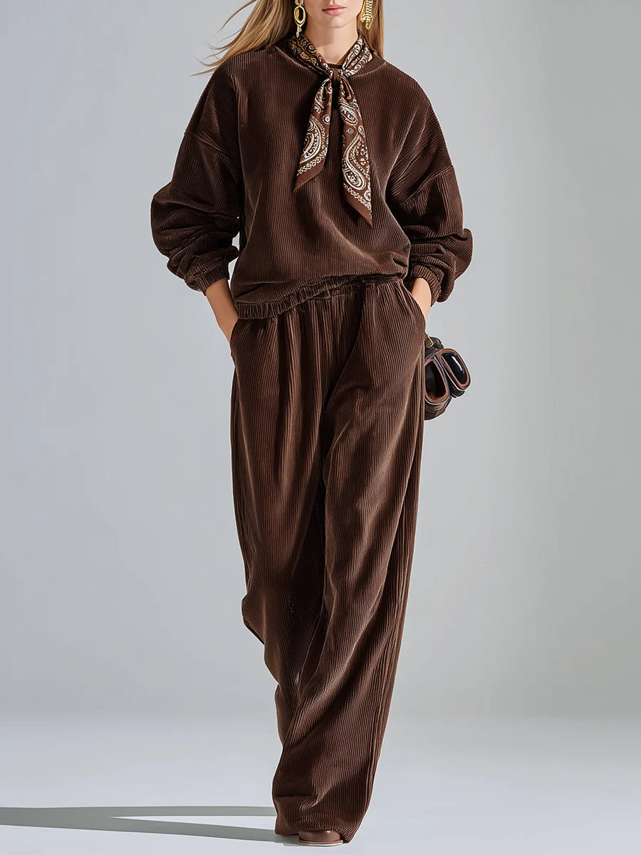 Casual solid color corduroy sweatshirt and wide-leg pants set-thevervian