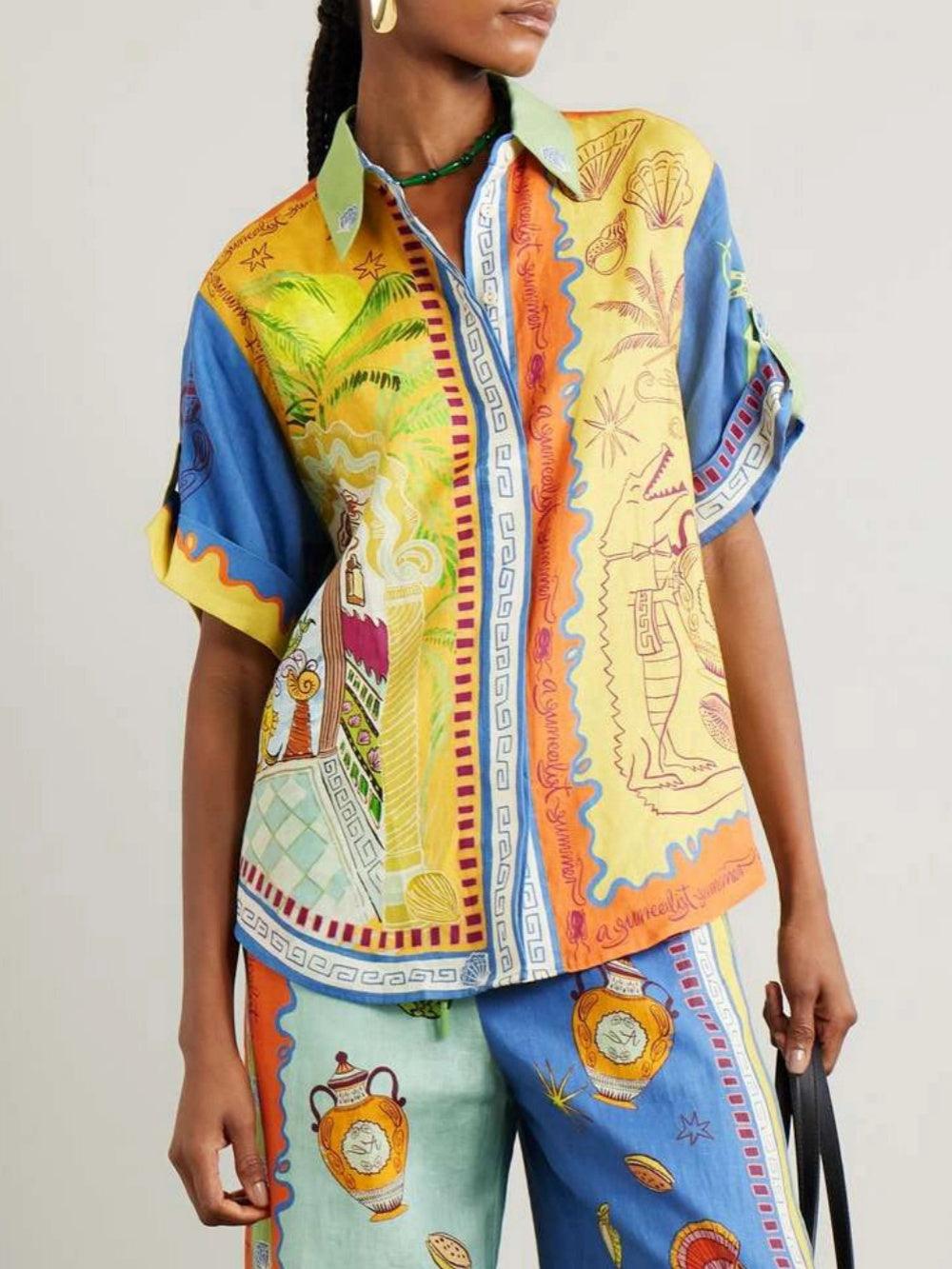 Summer Fantasy Print Short Sleeve Loose Top and Pants Set-thevervian