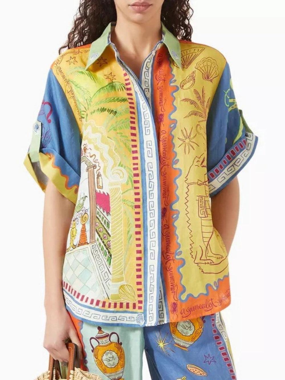 Summer Fantasy Print Short Sleeve Loose Top and Pants Set-thevervian