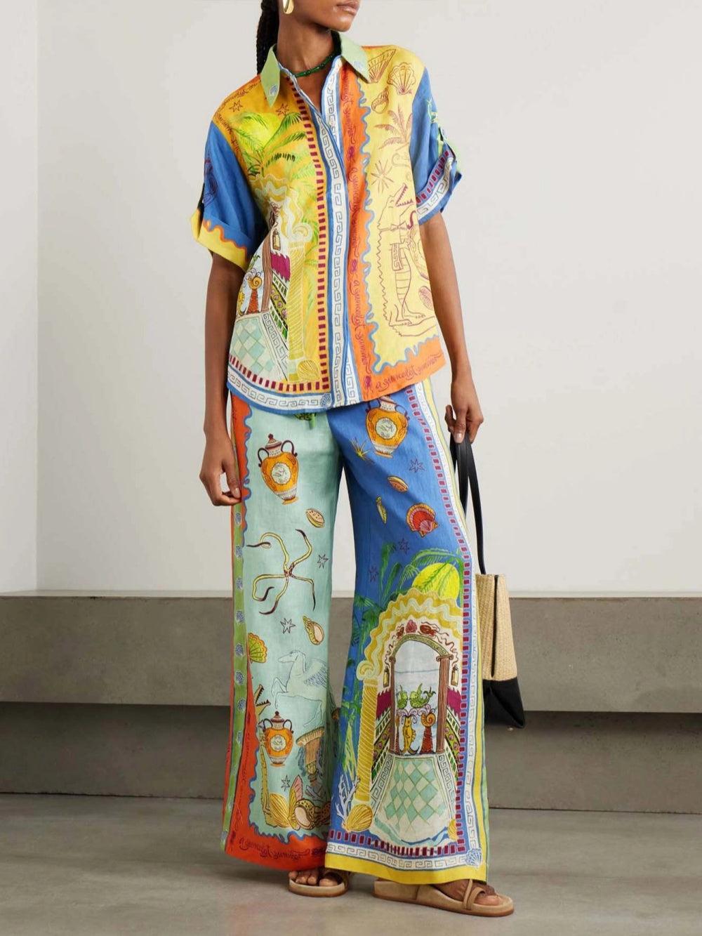 Summer Fantasy Print Short Sleeve Loose Top and Pants Set-thevervian