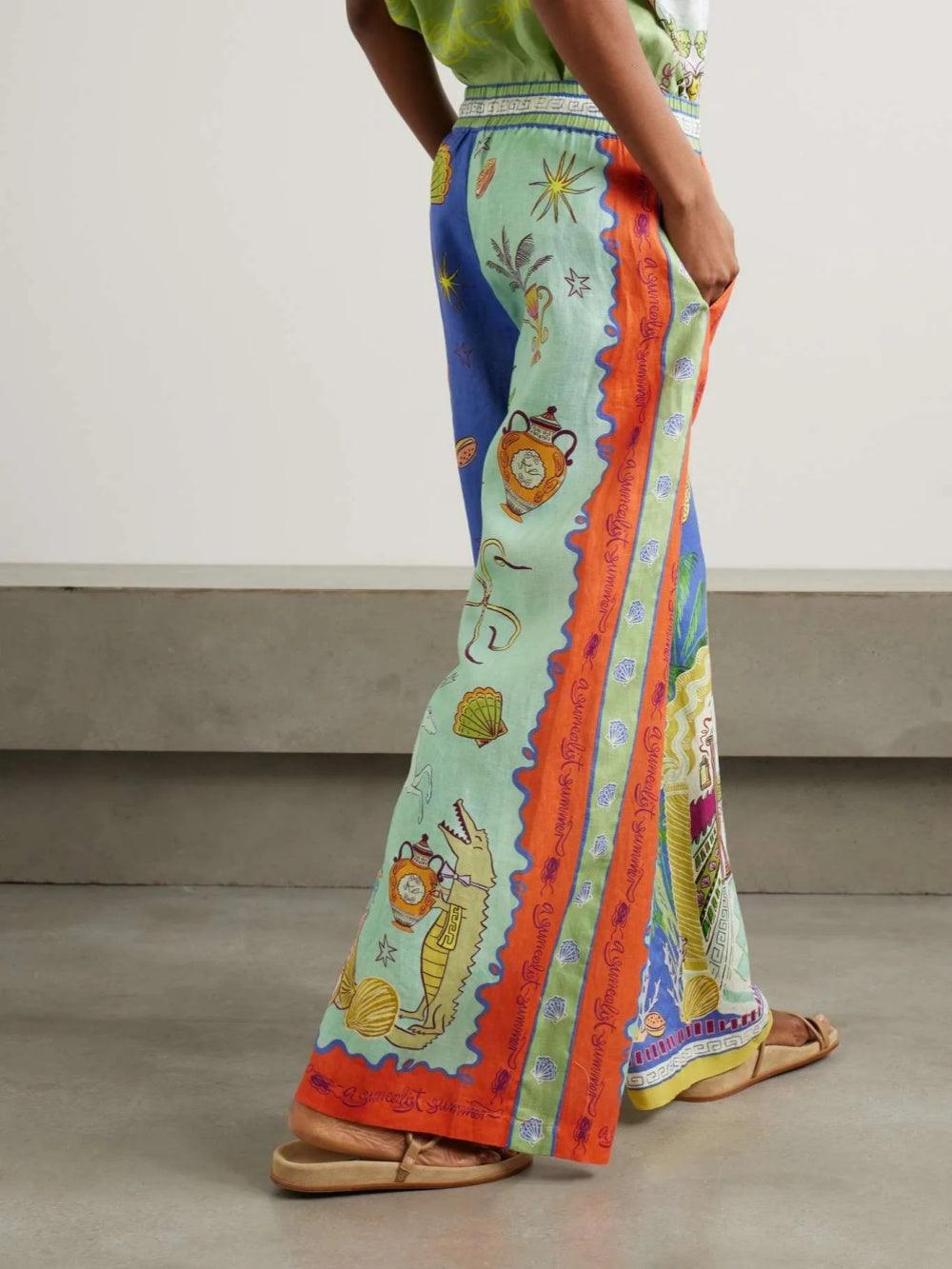 Summer Fantasy Print Short Sleeve Loose Top and Pants Set-thevervian