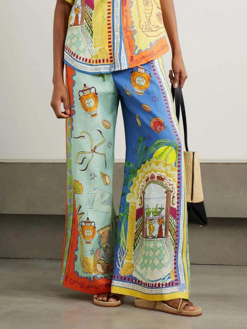 Summer Fantasy Print Short Sleeve Loose Top and Pants Set-thevervian
