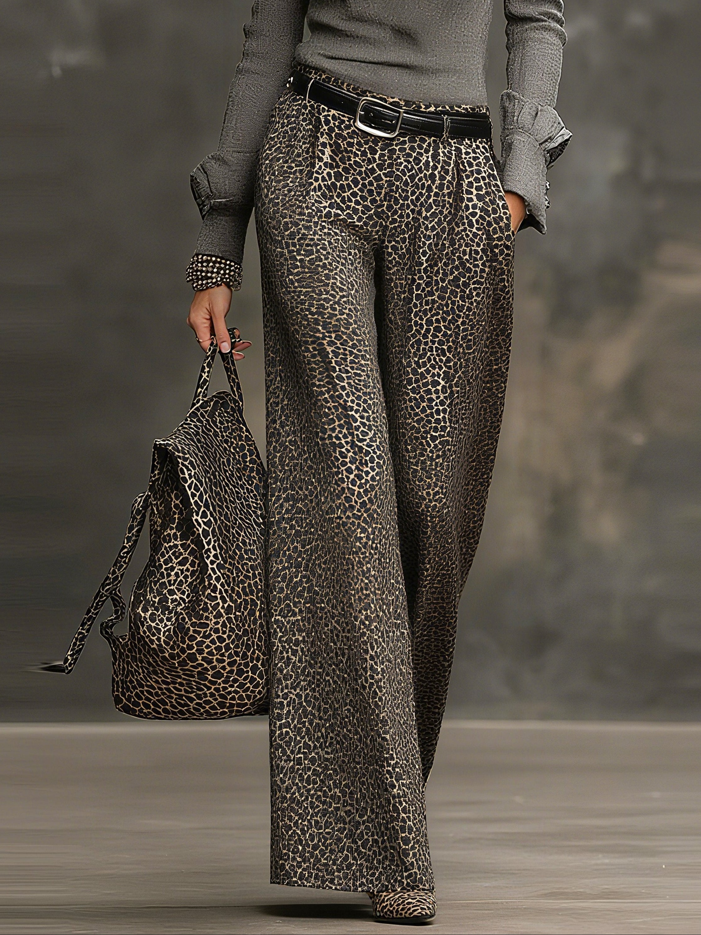 Ruffled lantern sleeve shirt and leopard print trousers suit（Includes belt）-thevervian