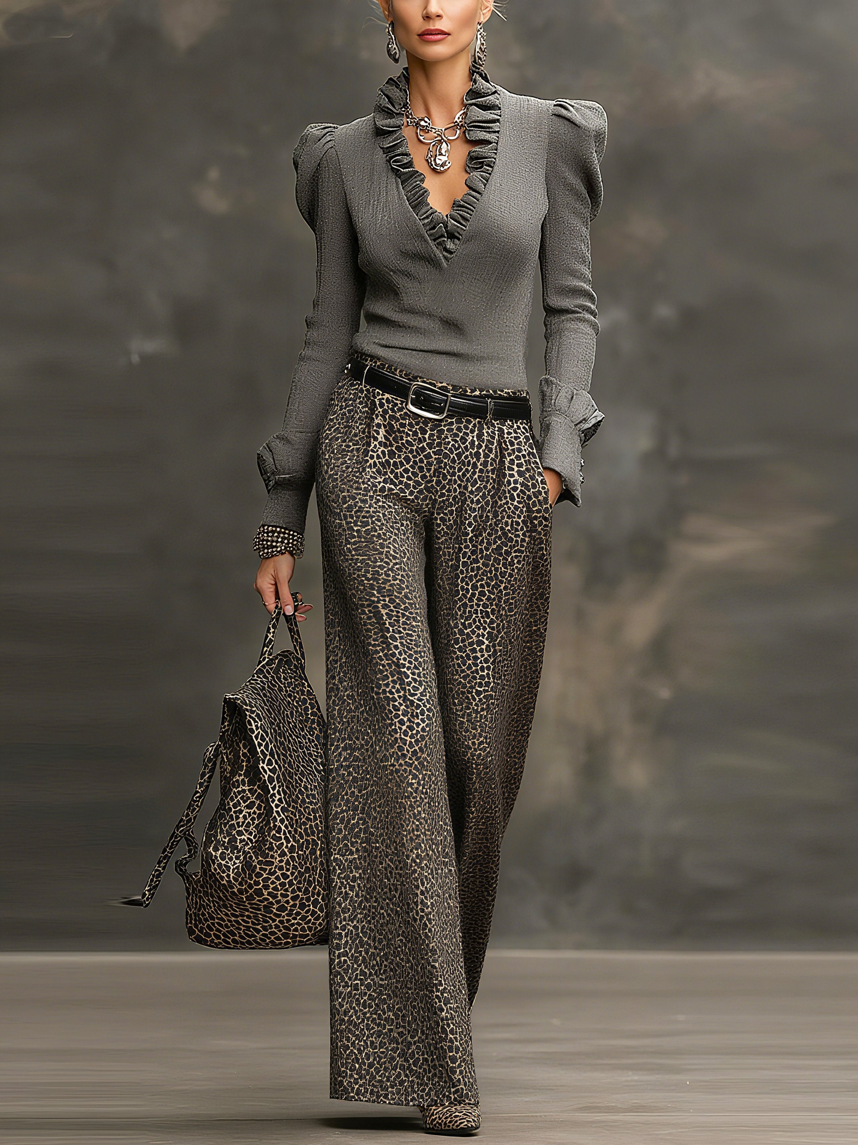 Ruffled lantern sleeve shirt and leopard print trousers suit（Includes belt）-thevervian
