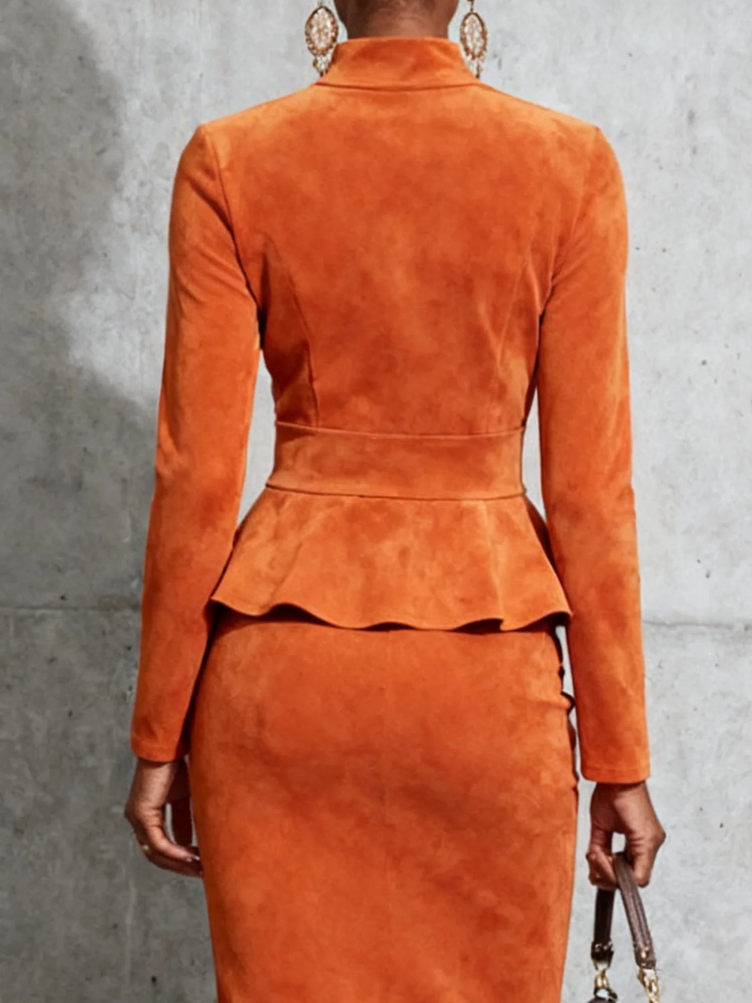Simple suede stand-up collar top and skirt set-thevervian