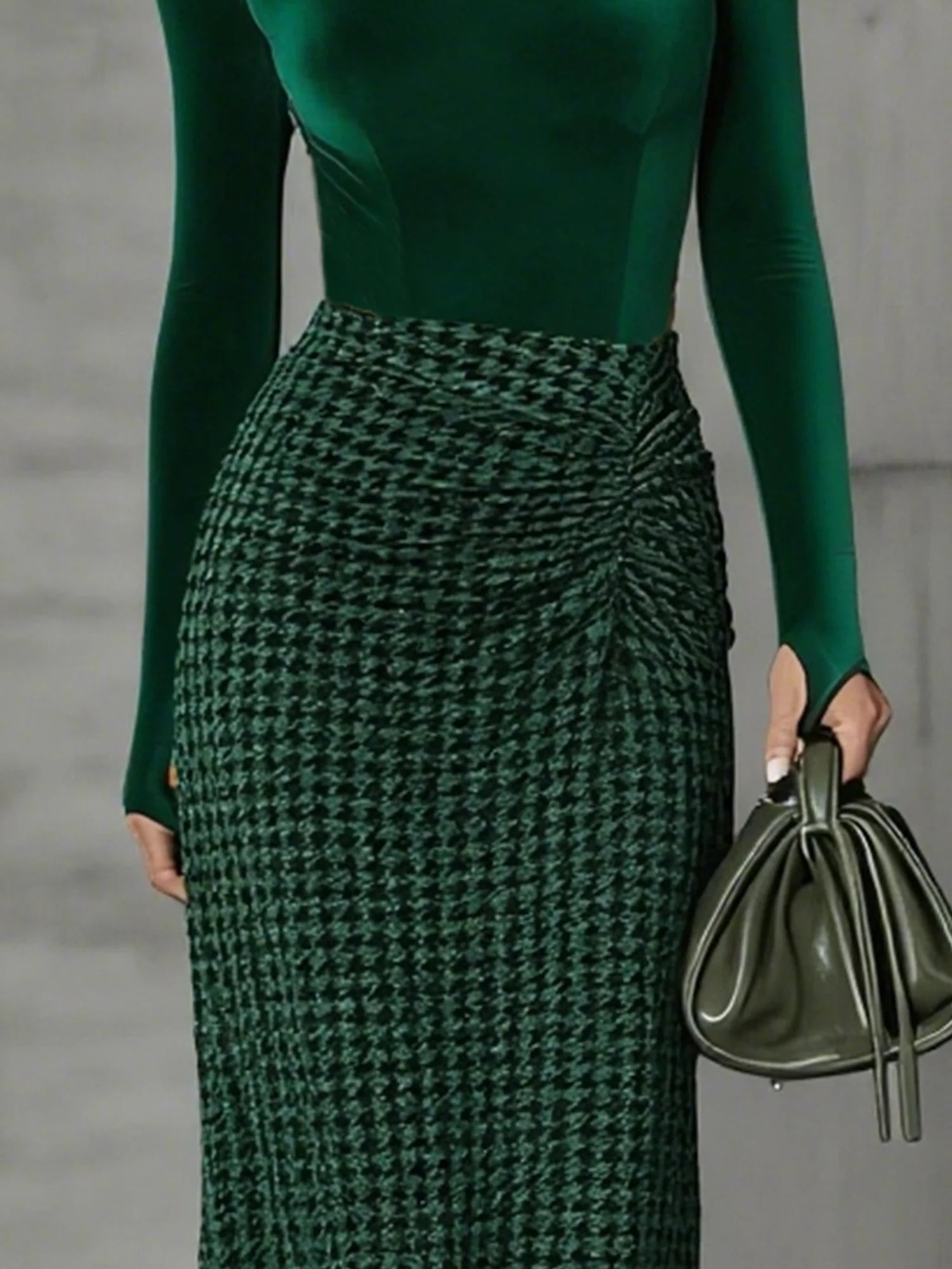 Green turtleneck top and houndstooth skirt set-thevervian