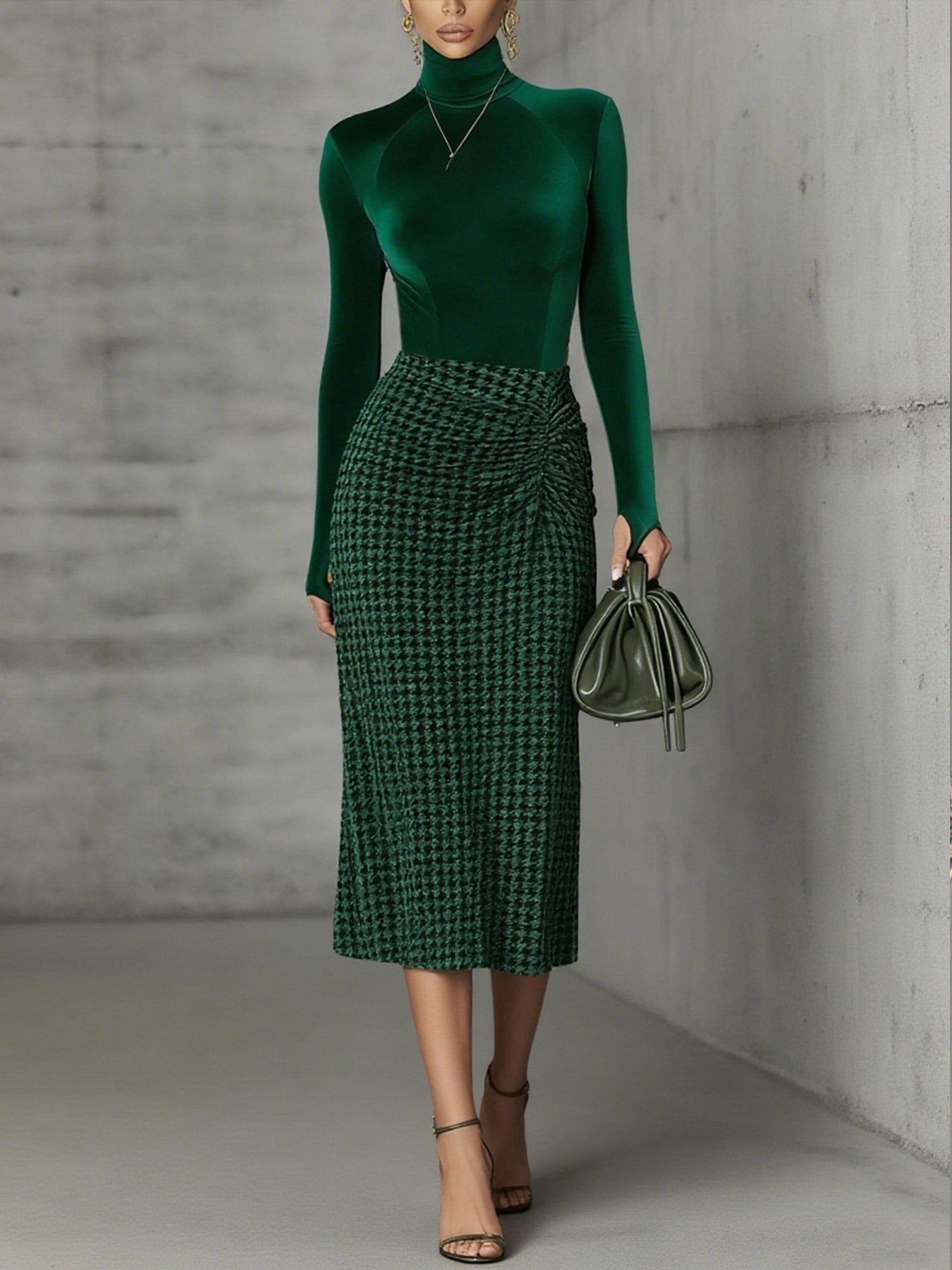 Green turtleneck top and houndstooth skirt set-thevervian
