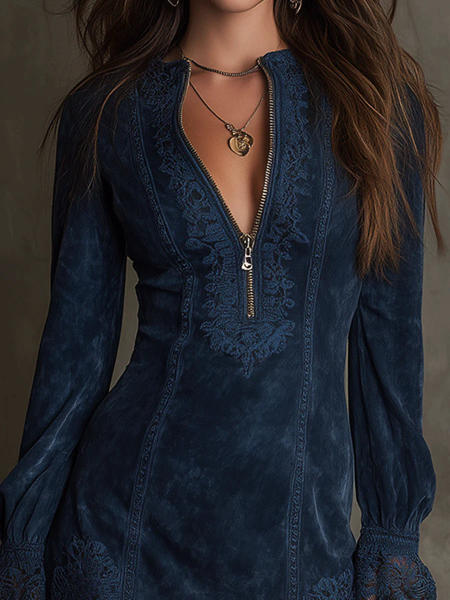 Vintage Blue Suede Lace Trim Mini Dress-thevervian