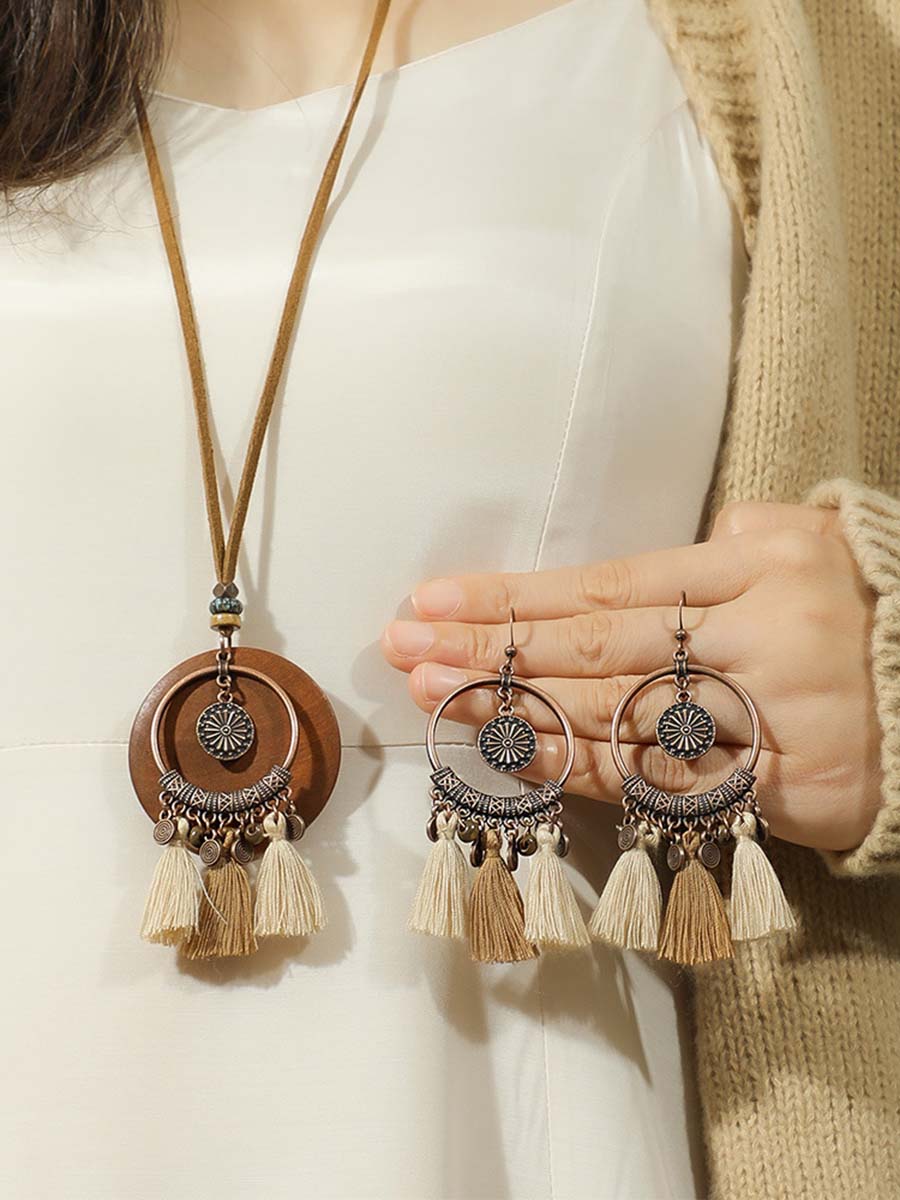 Vintage Distressed Bohemian Tassel Necklace Earrings Set-thevervian