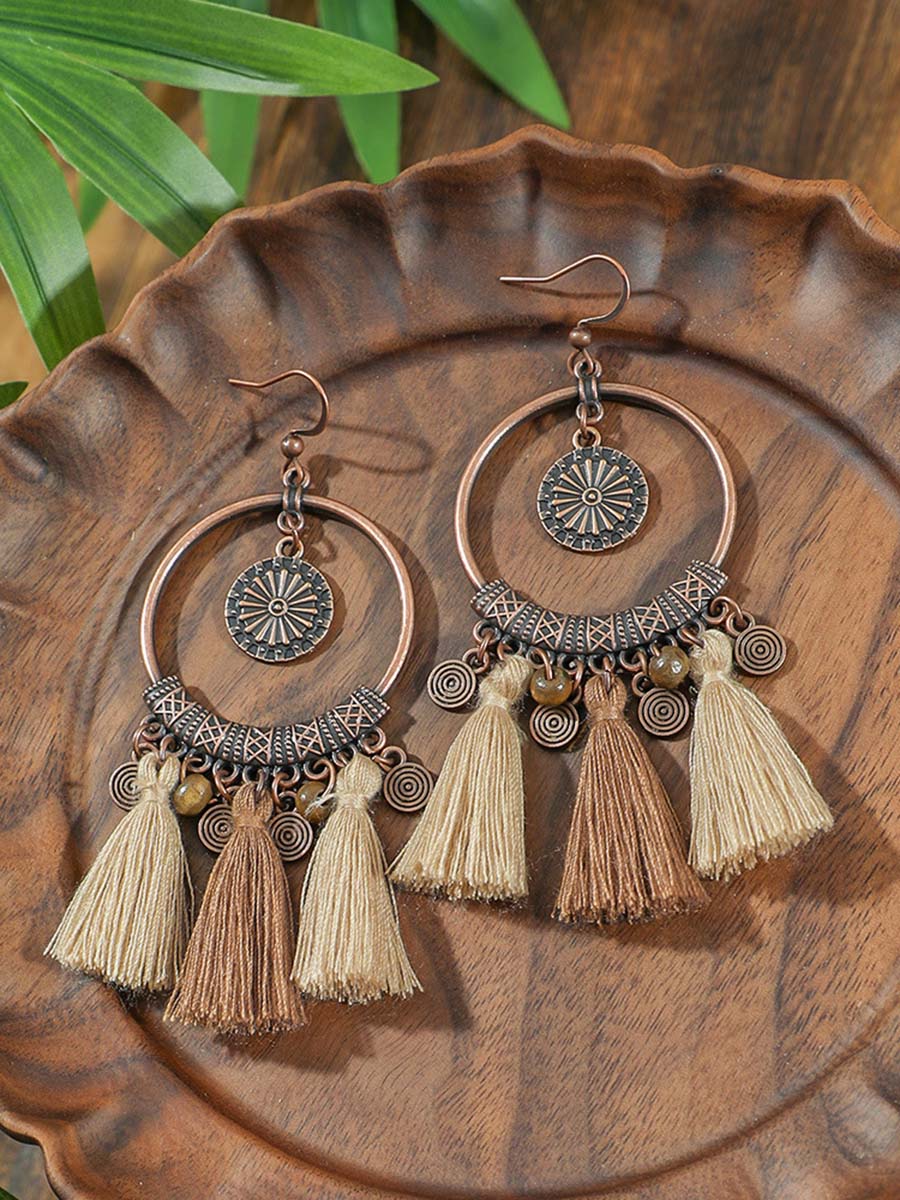 Vintage Distressed Bohemian Tassel Necklace Earrings Set-thevervian